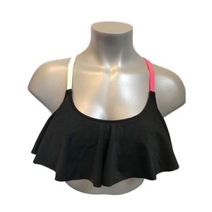 Victoria's Secret PINK Black w/ Neon Straps Strappy Back Flounce Bikini Top S